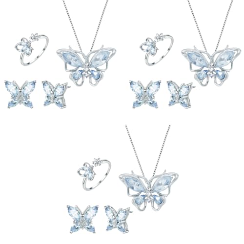 SANNIDHI® 4 Pcs Jewellery Set for Women Girls Crystal Butterfly Chain Pendant Necklace Adjustable Finger Rings Studs Earrings Stylish Necklace Set Valentine Birthday Gift for Women, Girls - Blue 12 PCS