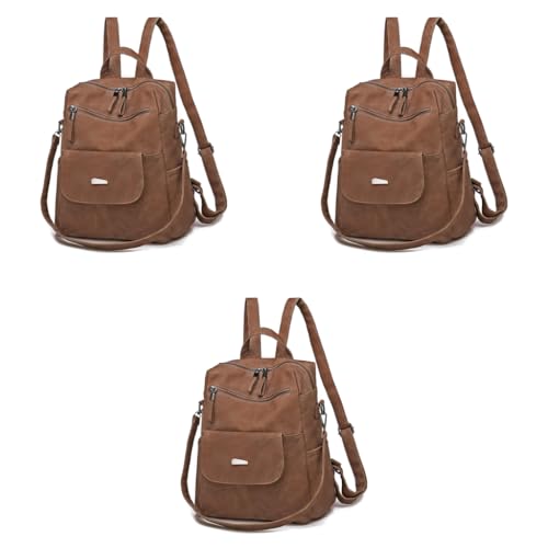 PALAY® PU Leather Backpack for Women Stylish College Bag for Girls Soft Travel Backpacks Vintage Shoulder Bags Casual Handbags Sling Gifts Brown 3 PCS