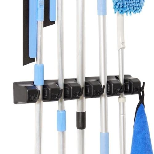 ZIBUYU® Broom Stick Holder Wall Mounted Heavy Duty Broom Holder Mops Racks Holders with 5 Slots, 6 Hooks, 7.5Lbs Capacity Per Slot - Home Kitchen Closet, Aundry Room Organization(with Screws)