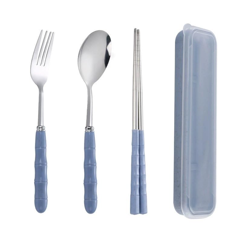 ZIBUYU® Portable Flatwares with Storage Case Set of 3Pcs Chopsticks, Spoon & Fork Combo Food Grade Stainless Steel Cutlery for Lunch Bag Fashion Blue Cutlery for Camping, School, Travel, Office