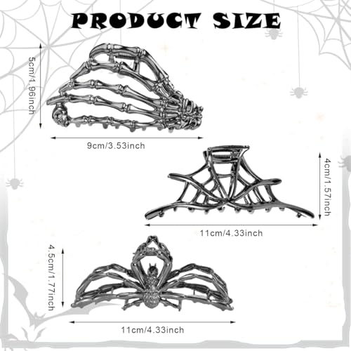 MAYCREATE® 3Pcs Gothic Hair Claw Clips for Women Girls, Skeleton Hand-shaped Punk Metal Claw Clip, Spider-shaped, Cobweb Metal Alloy Hair Clips Fashion Halloween Hair Accessories