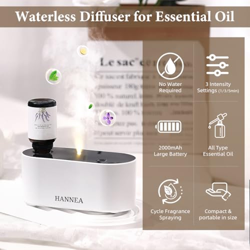 HANNEA® USB Waterless Essential Oil Diffuser, Smart Timered Diffuser for 15ml/0.5 oz EO Bottles, Standard GL18 Essential Oil Bottles, 2000mAh Battery, 3 Intermittent Spray Modes