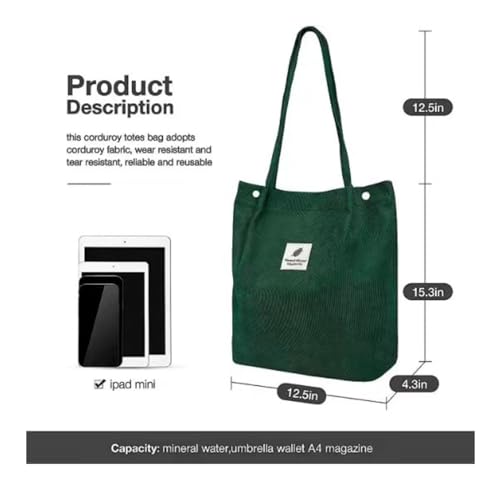 PALAY® Tote Bag Corduroy Solid Color Hand Bag for Women Shoulder Bag for Shopping, Commuting, Shopping Bag, Large Grocery Bag, Green