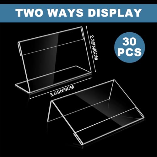 OFIFO® Clear Acrylic Display Stand 30 Pack, 9x6cm L Shaped Sign Holder for Table, Price Tag, Name Card, Menu, Buffet Food Label, Desk Label, Retail, Wedding, Transparent Tabletop Place Card Holder