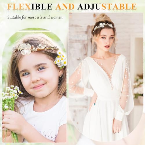 SANNIDHI® Flower Tiara for Girls Kids Pearl Hairband Crown for 6 Years Old Stylish Wedding Hair Accessories Gold Metal Princess Headpiece Women Bridal Dress Up 2 PCS
