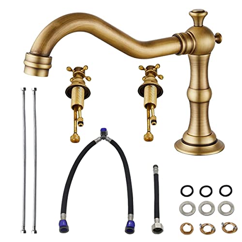 HASTHIP® Basin Tap, Full Brass Bathroom Sink Faucet with Hoses, Antique Mixer Hot and Cold Water Faucet, 8 inch 2 Handles 3 Holes Metal Faucet (Bronze)