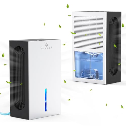 HANNEA® 2.4L Dehumidifiers for Room Home, Dehumidifiers 500 sq. ft/Drain 1.1L/Day Quiet Dehumidifier for Bedroom Bathroom Cloakroom RV Closet with Auto Shut Off, 7 Colors LED Light