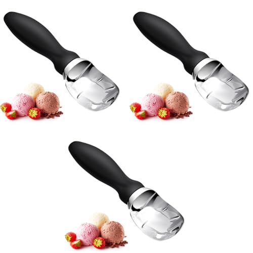 HASTHIP® Heavy Duty Ice Cream Scoop Professional Metal Spoon with Anti-Slip Handle Kitchen Tool Stainless Steel Scooper for Gelato Sorbet Cookie Dough 3 PCS