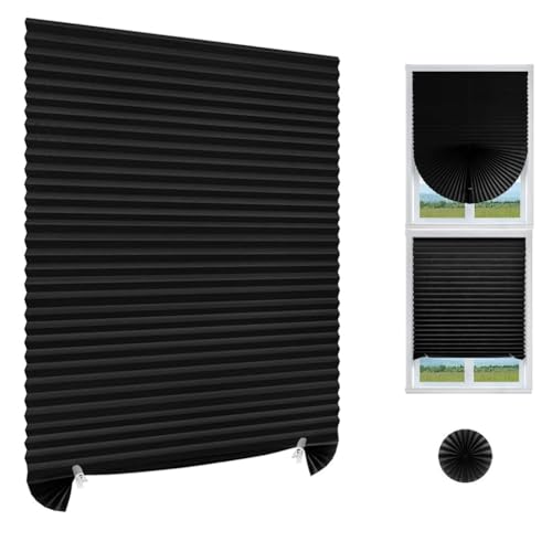 HASTHIP® Window Blinds - 60x150cm Window Blinds Cordless Blackout No Drill Cut to Size Clip On Stick On Self Adhesive Temporary Blind Pleated Paper Blind for Windows Doors - Black