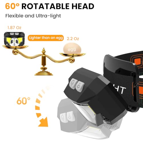 Proberos® LED Head Light with Red Flash Warning Light and Multi Work Modes, IPX5 Waterproof Rechargeable Headlamp for Camping, Hiking, Night Work with Motion Sensor and Adjustable Strap