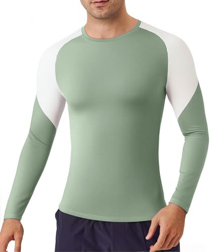 Venzina® Men's Workout Top Long Sleeve, Fashion Casual Athletic Shirt, Trendy Color Patchwork Design, Quick Dry & Moisture Wicking Sport Wear T-Shirt for Fitness, Sports, Running, Green- L