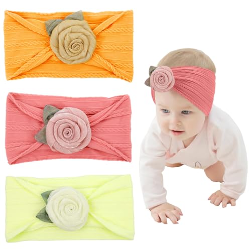 SNOWIE SOFT® Baby Headbands for Girls Aged 0-24 Months 3-Colors Pre-tied Elastic Headbands Headpieces Flower Headbands for Daily, Birthday Party, Photoragphy, Shower Gift for Baby Girls