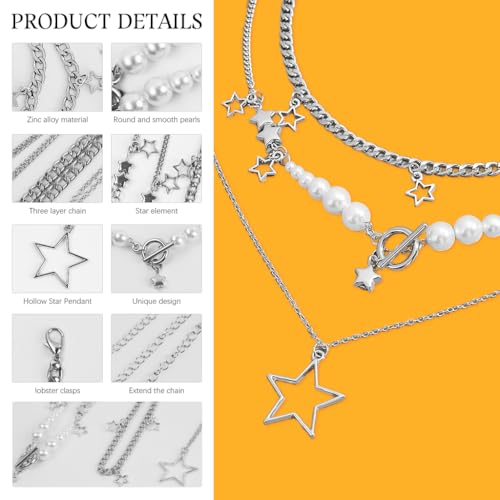 SANNIDHI® Necklace for Women Cute Star Pendant Trio Layered Chain Necklace Pearl Choker Necklace Vintage Y2K Necklace Aesthetic Jewellery Birthday Gift for Girls Sister X 3