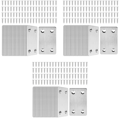 Serplex® 60PCS Furniture Mounting Plates with Screws 1.3mm Thickness Stainless Steel Metal Straight Brace Mending Fixing Corner for Wood Shelves Cabinet 2.4inch x 1.5inch