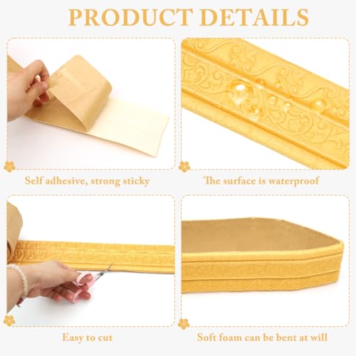 HASTHIP® Peel Stick 3D Foam Molding Trim Self Adhesive Golden Strips for Wall 2.3M x 7.8CM Gold 2 PCS