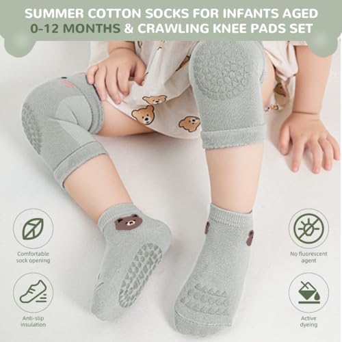 SNOWIE SOFT Baby Socks & Baby Crawling Knee Pads Summer Breathable Cotton Socks Anti-slip Design Knee Protector Cartoon Toddlers Socks Baby Knee Sleeves Shower Gift for Baby 0-12 Month