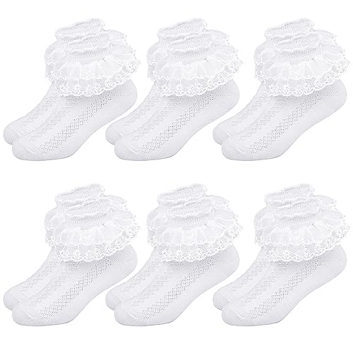 SNOWIE SOFT® 6 Pairs Cute Socks for Girls, Cotton Ruffled Trim White Socks for Kids, Baby Girls School Ankle Socks, Fancy Princess Party Lace Socks for 1-3 Years Old