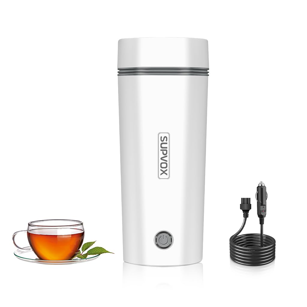 Supvox® 12V Car Electric Water Kettle Fast Heating Electric Water Kettle 400ml Travel Electric Water Kettle with Hand Strap 304 Stainless Steel Thermal Electric Water Kettle