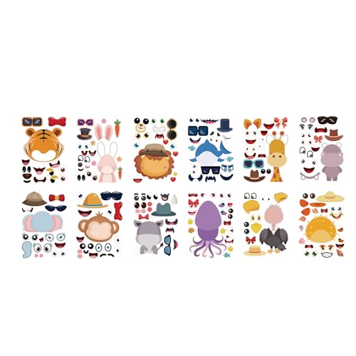 PATPAT® 12 Sheet DIY Face Sticker Set Cartoon Animal Stickers DIY Make-a-face Game Cartoon Stickers for Kids Fun Hands On Activity Stickers Emotional Learning Game