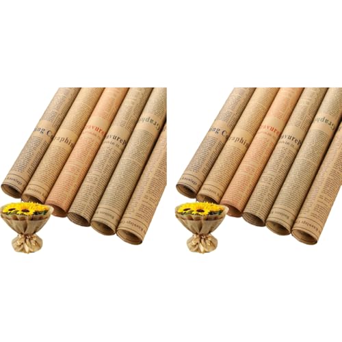 HASTHIP® 6 Sheet Flower Packing Papers Wrapping Paper Retro Newspaper Style Brown Package for Gifts 50x70cm 12 PCS