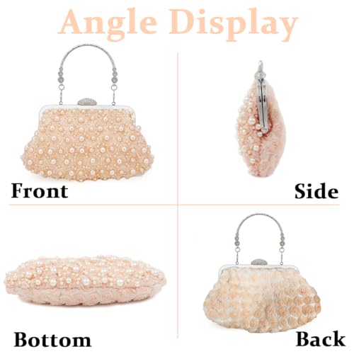 PALAY® Fashion Women Evening Bag Handbag Elegant Pearl Rose Clutch Bag with Detachable Metal Handle Evening Bag Evening Handbag for Banquet, Prom, Party