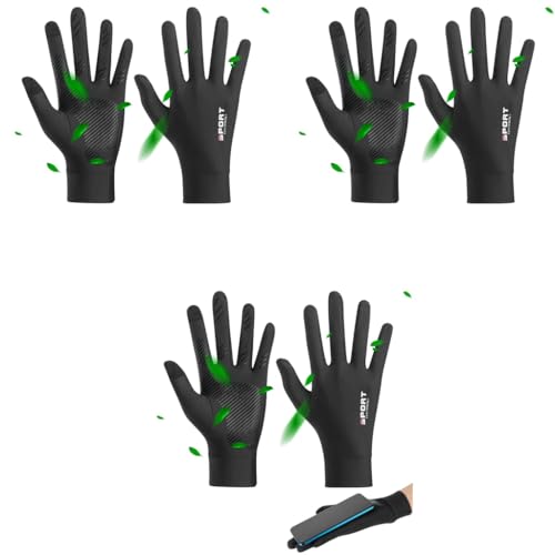 Proberos® 3 Pairs Sun Protection Gloves, UPF 50+ Summer Ice Silk UV Upgrade Anti-Slip Palm Touch Screen Finger Tips Design Unisex Black for Driving Golfing Riding - Size L