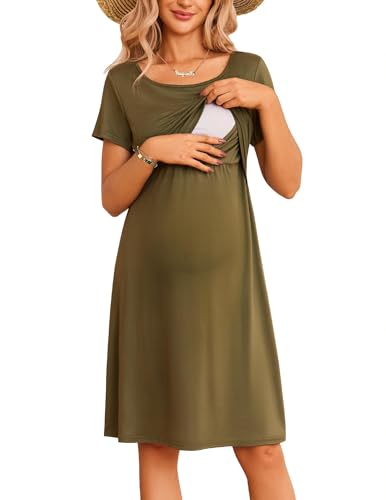 SANNIDHI® Women's Nursing Dress Summer Short Sleeve Patchwork Maternity Breastfeeding Knee Length Dress Green L