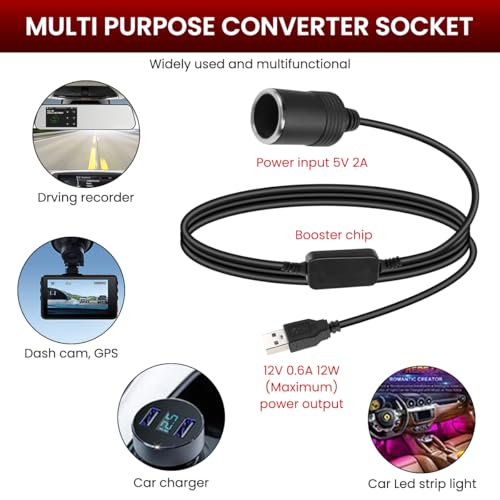 STHIRA® USB to Cigarette Lighter Socket 5V to 12V Converter 1.2 Meter Long Cable Plug and Go Universal for 12W Devices Car Fan Dash Cam 2PCS