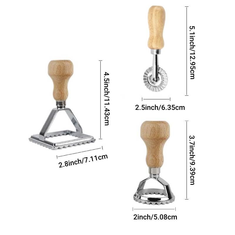 HASTHIP Ravioli Stamp Maker Cutter for Pasta and Cookies Set of 3 with Wooden Handle