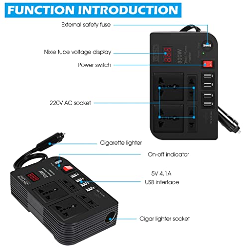 STHIRA® 300W Car Inverter Car Charging Adapter with Switch Car Cigarette Lighter Charging Adapter with 4 USB Port, Outlet & Fuse DC 12V to 220V Car Inverter with LED Voltage Display