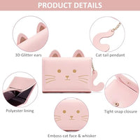 PALAY® Fashion Girls Cute 3D Cat Face Glitter Ears Wallet with Tail Tri-folded Wallet ID Card Case with Zipper Pocket