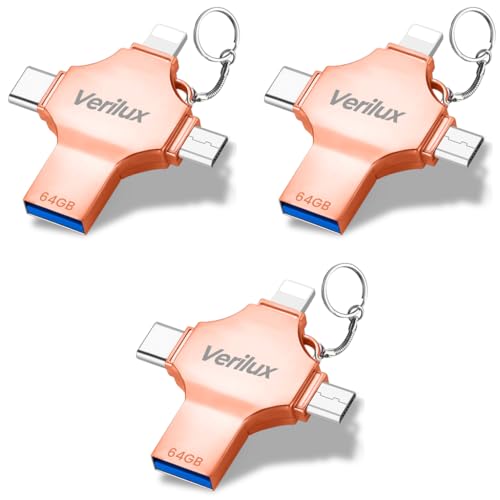Verilux® 4 in 1 Flash Drive 64GB USB with Lightning Micro Type-C Interface Mini Hangable Compatible with Phone Pad Android PC and More Devices Rose Golden 3 PCS