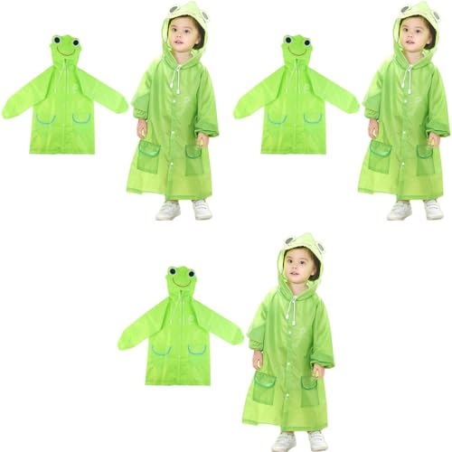 Optifit® Poncho Raincoat for Kids Boys Girls with Hood, Polyester Rain Ponchos with Pockets and School Bag Coverage, Bright Color Raincoat for 3-7 Years Old Kids(Green) 3 PCS
