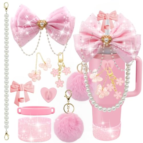 HASTHIP® for Stanley Cup Accessories & Charm Kit Set of 9 Pcs Accessories Sakura Silicone Straw Cap, White Pearl Chain Handle, Bottom Sleeve (Cup NOT Included)-Pink