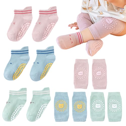 SNOWIE SOFT® 3 Sets Baby Socks Set Knee Sleeve Set Toddlers Floor Socks Antislip Socks for New Born Baby Toddlers Floor Socks Cotton Socks Non Slip Grip Ankle Socks Infants Girls BoysToddler 1-3 Years