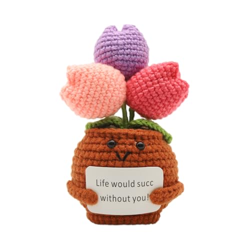 HASTHIP® Crochet Tulip Flowers Desk Decoration 7.3 inches Car Dashboard Charm Handmade Crochet Tulips Flower Desk Decor Motivational Desk Decor Emotion Support Gift Home Decoration