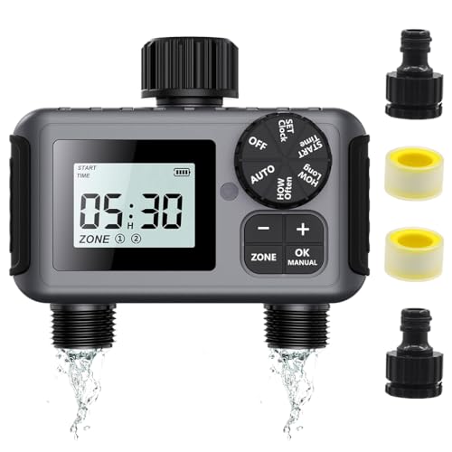 HASTHIP Smart Garden Watering Timer Programmable Hose Faucet Timer with 2-Outlet LCD Digital Watering Timer IP55 Waterproof Outdoor Watering Timer Universal Watering Timer