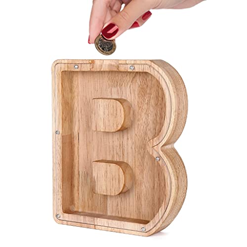 PATPAT® Wood Letter Piggy Bank, Piggy-Bank for Kids Boys Girls Large Piggy Banks 26 English Alphabet Letter, Transparent Money Saving Box DIY Creative Gift for Real-Money