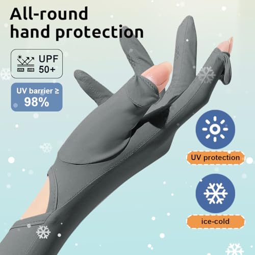 PALAY® UV Protection Arm Sleeves Nylon Ice Silk with One Piece Gloves Open Finger Tip and Anti-slip Palm Design Outdoor Cool for Driving Cycling Gardening Grey X 2