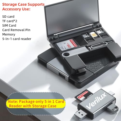 Verilux® 5 in 1 Card Reader with Storage Case for Micro SD & SD Cards Memory Type-C USB Dual Plugs TF Ports Mobile Phone Pin Tablet Laptop 3PCS