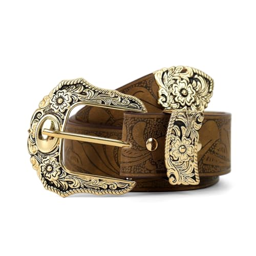 SANNIDHI® Fashion Leather Belt for Women Chic PU Embossing Waist Belt Decorative Jeans Belt Vintage Metal Buckle Design Cowgirl Leather Belt for Dress, Jeans, Trousers, 40 inch