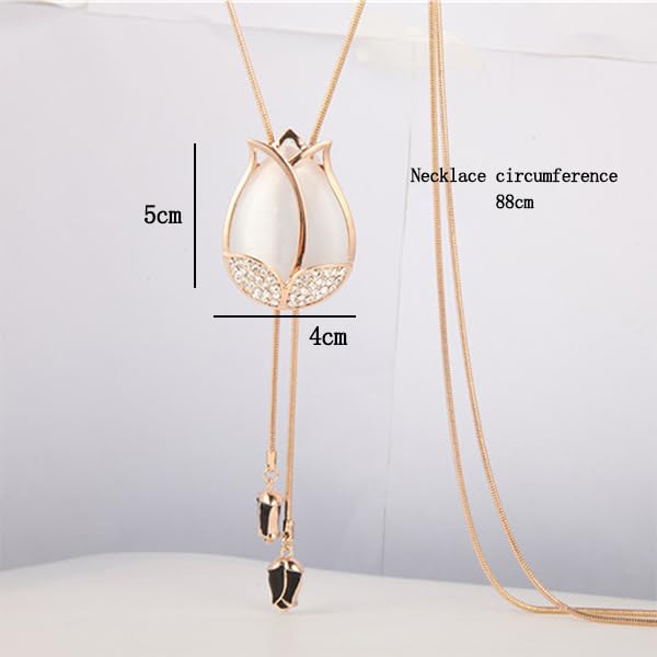 Zibuyu Rose Gold Opera Necklace for Women with Opal Tulip Pendant and Rhinestones | Elegant Accessory for Gowns and Dress Shirts