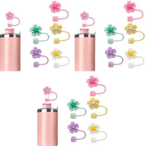 HASTHIP® 15PCS Flower Silicone Straw Caps for Stanley 30 40 Oz Cups Accessories Cherry Blossom Universal 10mm Covers for Glass Straws Dust Proof Water Bottle