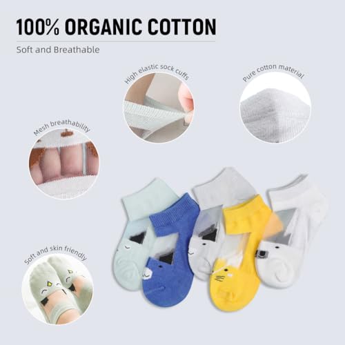 SNOWIE SOFT 5 Pairs Toddler Socks Floor Socks for Boys Summer Breathable Cotton Mesh Socks for Kids Cute Cartoon Baby Kids Socks for Kids 1-3 Years Old
