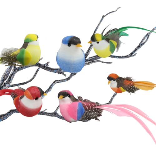 ORTIZA® 6Pcs Realistic Birds with Built in Metal Clip Colorful Long-tailed Silky-flycatcher Birds for Home Decor Small Decorative Realistic Colorful Birds for Planter, Ivy, Flower Pot