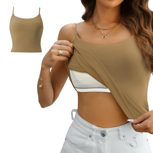 SANNIDHI® Fitted Tank Top for Women Spaghetti Strap Tank Top with Built-in Bra Pads Quick Dry Gym Tank Top Basic Layering Top Padded  Casual Top Tank Top for Yoga, Workout, Pilates, XL, Brown