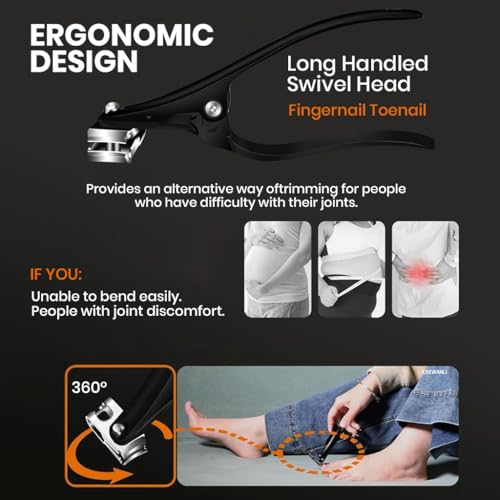 MAYCREATE® 2 Pcs Nail Clipper for Thick Nail Stainless Steel Wide Open Nail Clippers 360 ° Flexible Nails Cutter with Anti-Splash Curved Blade, 4.5 inches Long Handle Nail Clipper for Finger Toe Nail