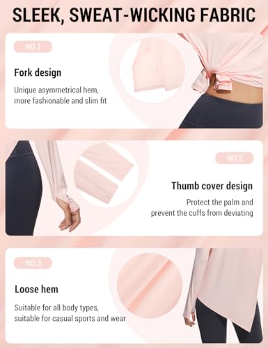 Venzina® Women's Long Sleeve Workout Top with Thumbholes, Asymmetrical Hem, Quick Dry Athletic Shirt, Lightweight Loose Fit Yoga Running Tee, Light Pink-S