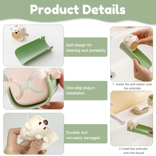SNOWIE SOFT® Water Faucet Extender U-Channel Tap Spout Universal Clip-on Cartoon Baby Hand Washing No Installation Toddler Sink Green 3 PCS