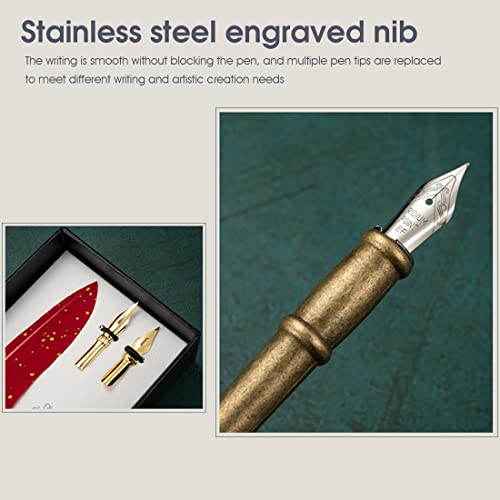 HASTHIP® Quill Pen Set Mechanic Style Calligraphy with Blue or Black Ink 2 Replacement Nibs Holder Vintage Signature Fountain Dip Gift Black 3PCS